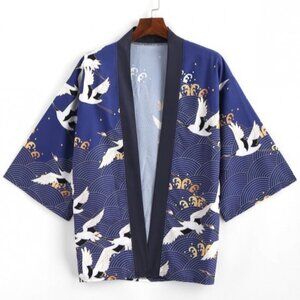 Flying Crane Sea Waves Print Open Front Kimono Cardigan, Lapis Blue S-3XL